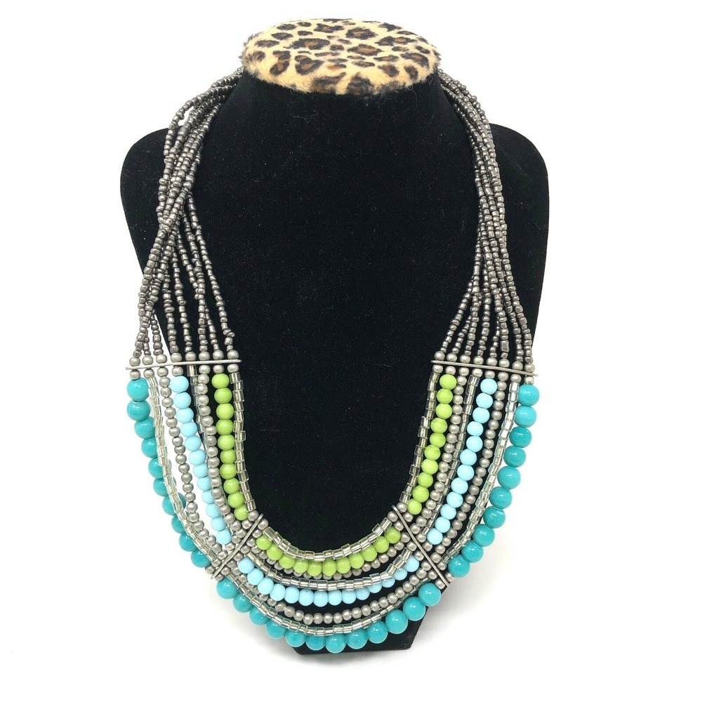 Statement Necklace Green Blue Silver Beads 7 Strand Unsigned 20"